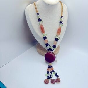 Round Polished Red Jasper Pendant On Beaded Necklace W/ Tassel